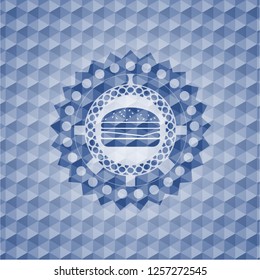 cheeseburger icon inside blue polygonal badge.