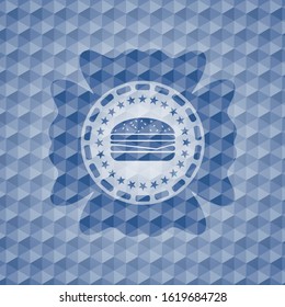 cheeseburger icon inside blue polygonal emblem.