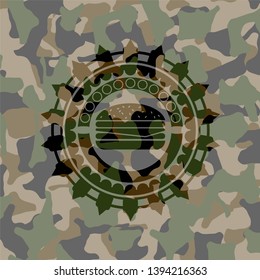 cheeseburger icon inside camo emblem