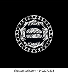 cheeseburger icon inside chalkboard emblem on black board
