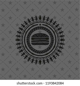 cheeseburger icon inside dark emblem. Retro