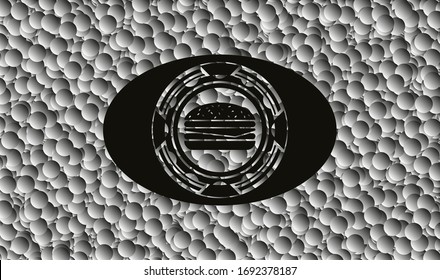 icono del cheeseburger dentro del emblema oscuro con burbujas grises fondo. Ilustración vectorial. Detallado.