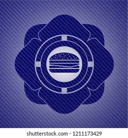 cheeseburger icon inside emblem with jean texture