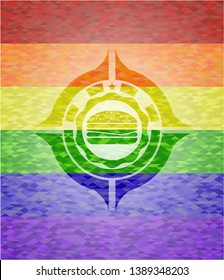 cheeseburger icon inside emblem on mosaic background with the colors of the LGBT flag