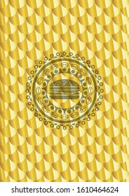 cheeseburger icon inside gold badge or emblem. Scales pattern. Vector Illustration. Detailed.