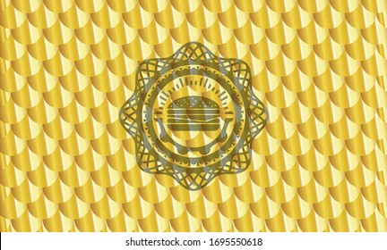 cheeseburger icon inside gold badge. Scales pattern. Vector Illustration. Detailed.