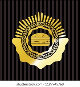 cheeseburger icon inside gold emblem or badge