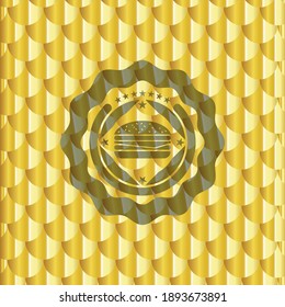cheeseburger icon inside gold emblem. Scales pattern. Vector Illustration. Detailed. 