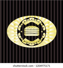 cheeseburger icon inside golden emblem or badge