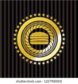 cheeseburger icon inside golden emblem or badge