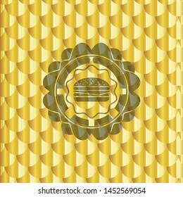 cheeseburger icon inside golden emblem or badge. Scales pattern. Vector Illustration. Detailed.