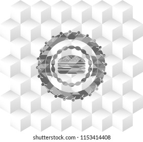 cheeseburger icon inside grey badge with geometric cube white background