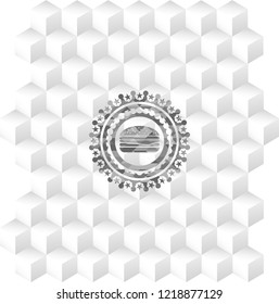 cheeseburger icon inside grey badge with geometric cube white background
