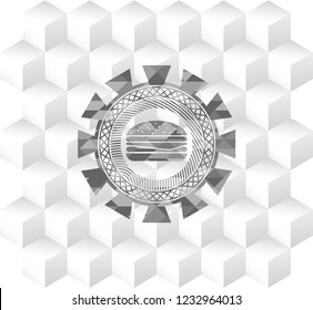 cheeseburger icon inside grey badge with geometric cube white background