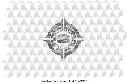 cheeseburger icon inside grey badge with geometric cube white background