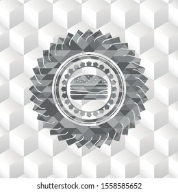 cheeseburger icon inside grey badge with geometric cube white background