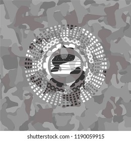 cheeseburger icon inside grey camouflage texture