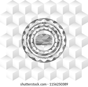 cheeseburger icon inside grey emblem. Vintage with geometric cube white background