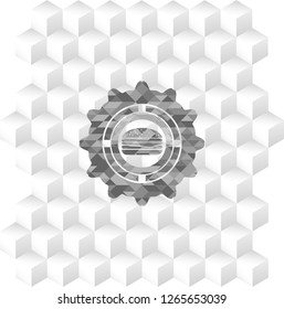 cheeseburger icon inside grey emblem with cube white background