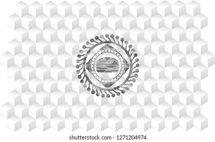 cheeseburger icon inside grey emblem. Vintage with geometric cube white background