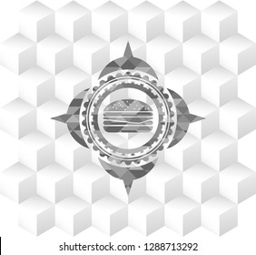 cheeseburger icon inside grey emblem with cube white background