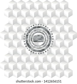 cheeseburger icon inside grey emblem with cube white background