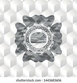 cheeseburger icon inside grey emblem with geometric cube white background