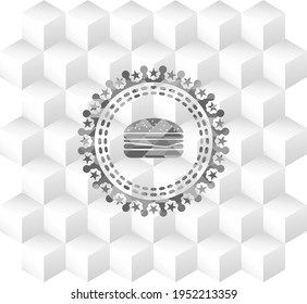 cheeseburger icon inside grey emblem. Vintage with geometric cube white background. 