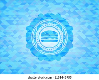 cheeseburger icon inside light blue emblem with mosaic ecological style background