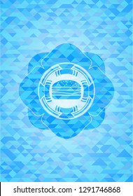 cheeseburger icon inside light blue emblem. Mosaic background