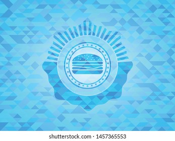 cheeseburger icon inside light blue mosaic emblem