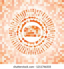 cheeseburger icon inside orange mosaic emblem with background
