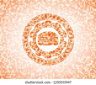 cheeseburger icon inside orange mosaic emblem with background