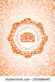 cheeseburger icon inside orange mosaic emblem with background