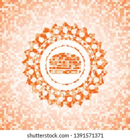 cheeseburger icon inside orange mosaic emblem with background