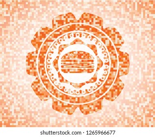 cheeseburger icon inside orange tile background illustration. Square geometric mosaic seamless pattern with emblem inside.