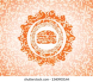 cheeseburger icon inside orange tile background illustration. Square geometric mosaic seamless pattern with emblem inside.