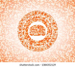 cheeseburger icon inside orange tile background illustration. Square geometric mosaic seamless pattern with emblem inside.