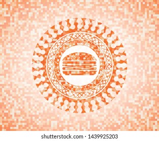 cheeseburger icon inside orange tile background illustration. Square geometric mosaic seamless pattern with emblem inside.