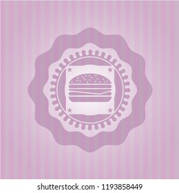 cheeseburger icon inside pink emblem. Retro