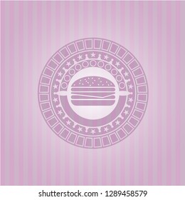cheeseburger icon inside pink emblem. Vintage.