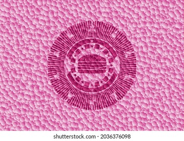cheeseburger icon inside pink emblem with bubbles background. Vector Illustration. Detailed. 