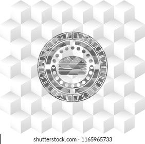 cheeseburger icon inside realistic grey emblem with geometric cube white background