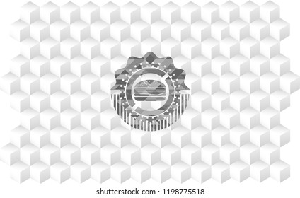 cheeseburger icon inside realistic grey emblem with cube white background