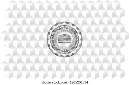 cheeseburger icon inside realistic grey emblem with cube white background
