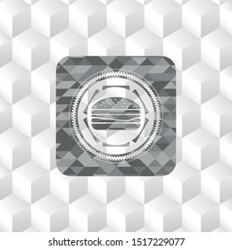 cheeseburger icon inside realistic grey emblem with geometric cube white background