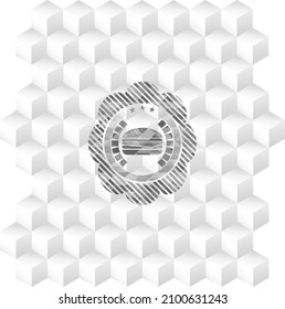 Käseverstärker-Symbol in realistisch grauem Emblem mit geometrischem würfelweißem Hintergrund. 