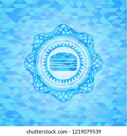 cheeseburger icon inside realistic light blue mosaic emblem