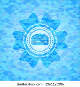 cheeseburger icon inside realistic light blue mosaic emblem