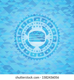 cheeseburger icon inside realistic light blue emblem. Mosaic background